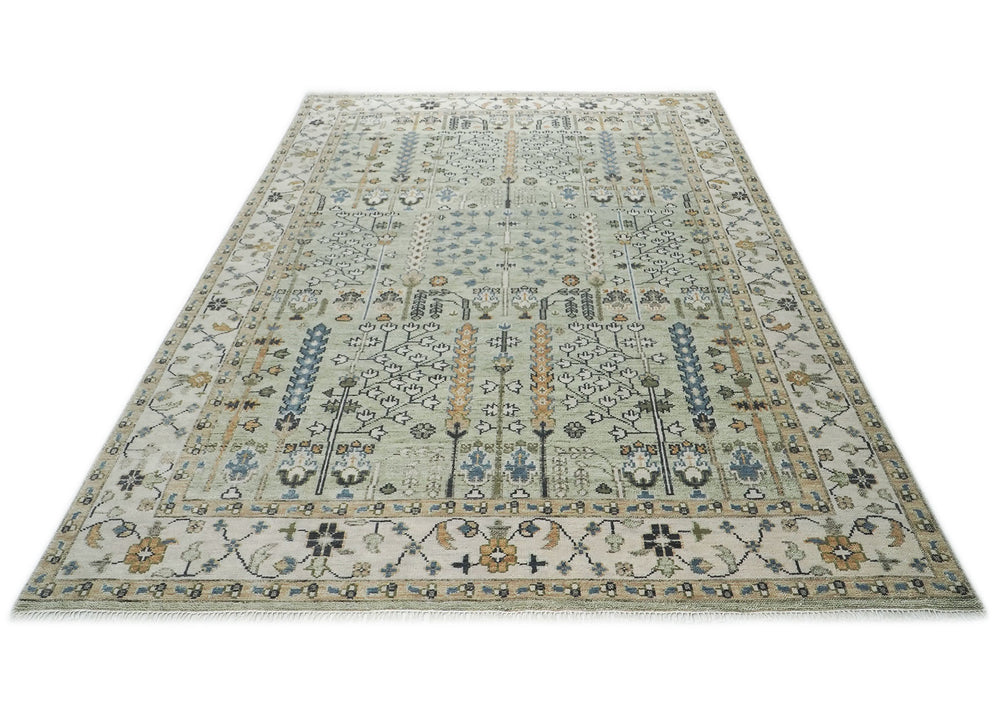 10x14 Mint, Ivory, Blue Color Hand Knotted Oushak Wool Transitional Oriental Rug