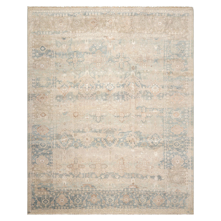 8x10 Hand Knotted Wool & Silk Traditional Oriental Area Rug Beige Aqua Color