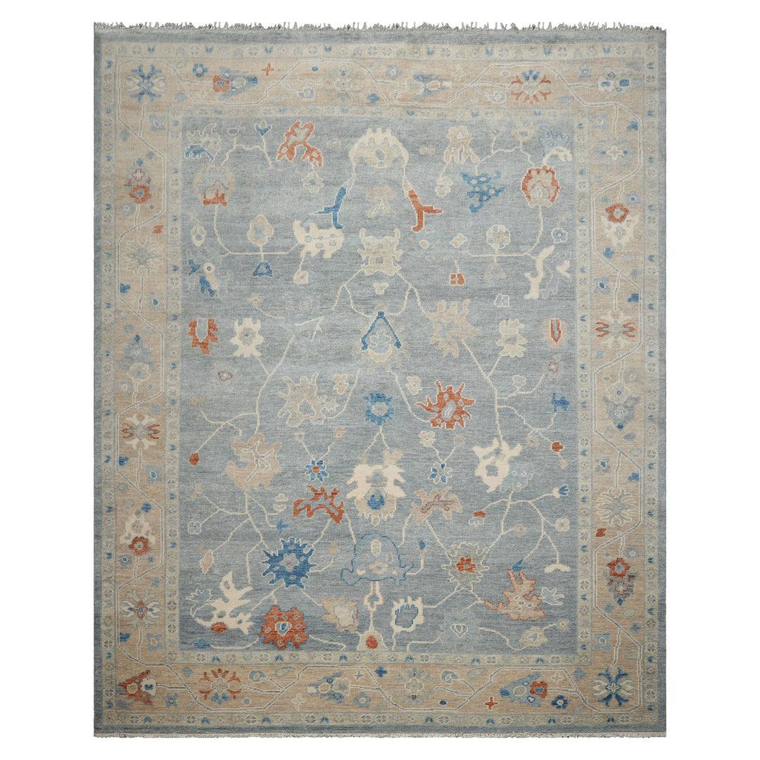 Multi Size Blue Taupe Ivory Color Hand Knotted Oushak Wool Arts & Crafts Oriental Rug