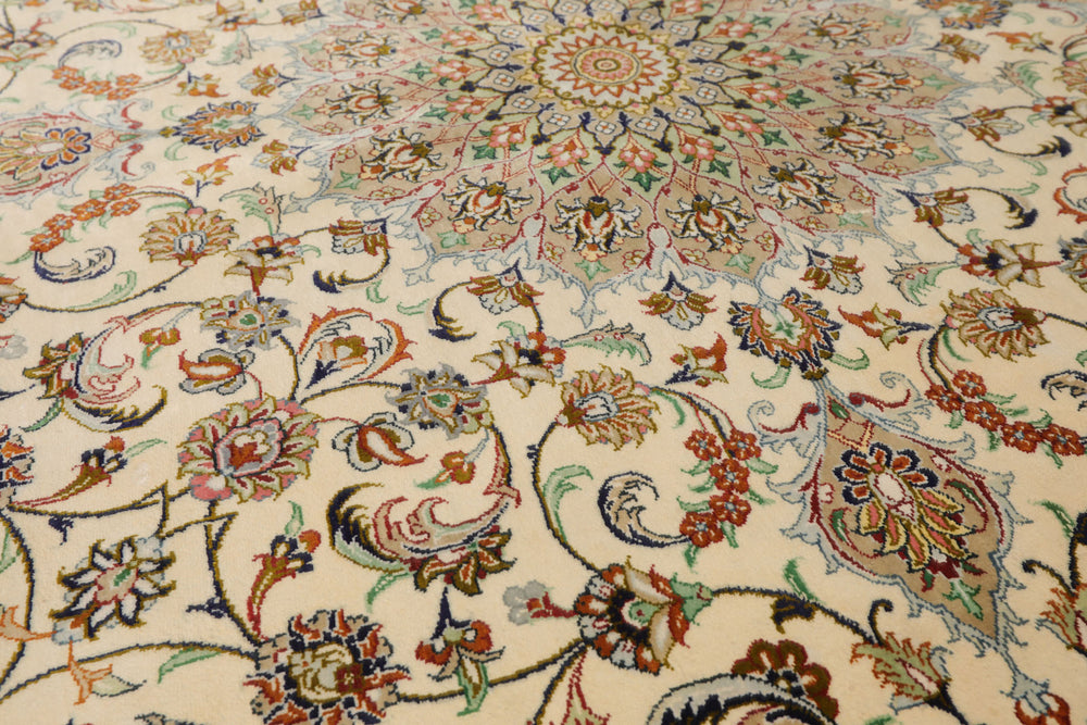 Round Ivory, Moss, Brown Color Hand Knotted Qum All Silk Silk Traditional Oriental Rug