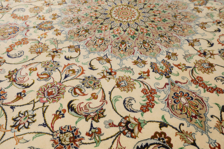 Round Ivory, Moss, Brown Color Hand Knotted Qum All Silk Silk Traditional Oriental Rug