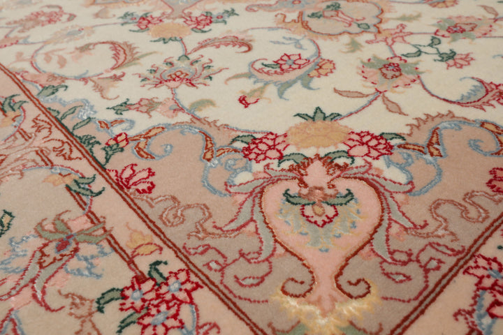 3x5 Ivory, Rose, Peach Color Hand Knotted Tabriz Wool & Silk Traditional Oriental Rug