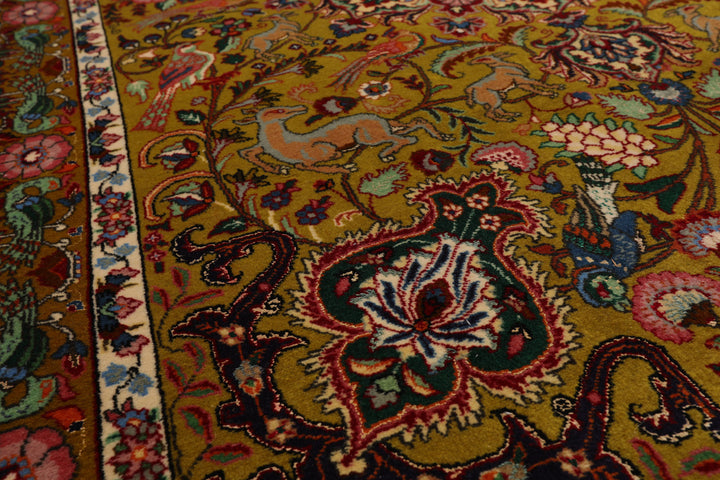 3x5 Mustard, Ivory, Green Color Hand Knotted Tabriz Wool & Silk Traditional Oriental Rug