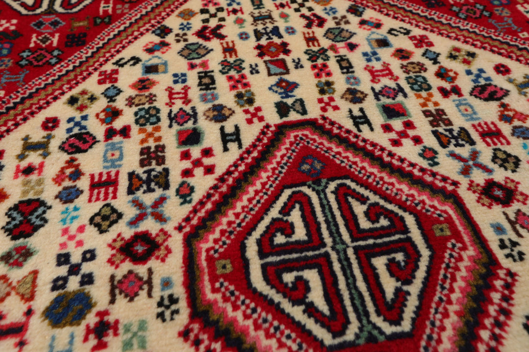 2x4 Ivory, Red, Charcoal Color Hand Knotted Abadeh Wool Traditional Oriental Rug