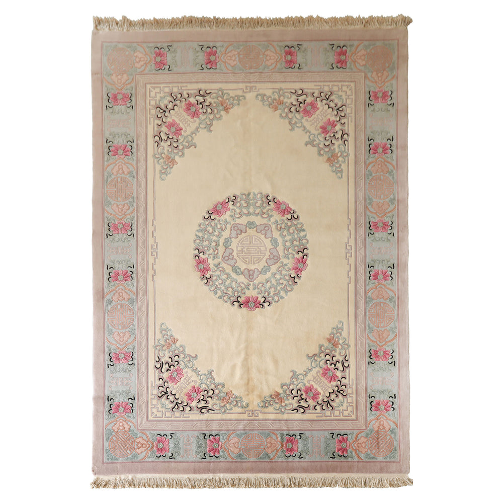 10x14 Ivory, Rose, Aqua Color Hand Knotted Aubusson Savonnerie Wool Traditional Oriental Rug
