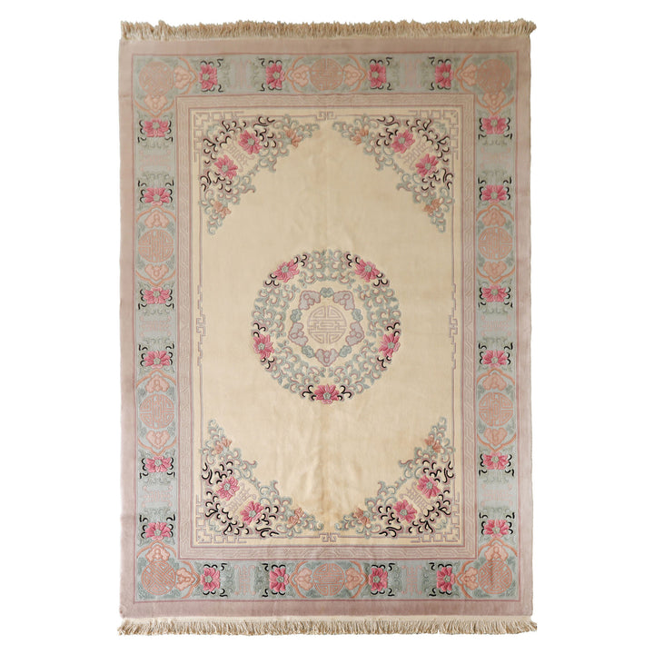 10x14 Ivory, Rose, Aqua Color Hand Knotted Aubusson Savonnerie Wool Traditional Oriental Rug