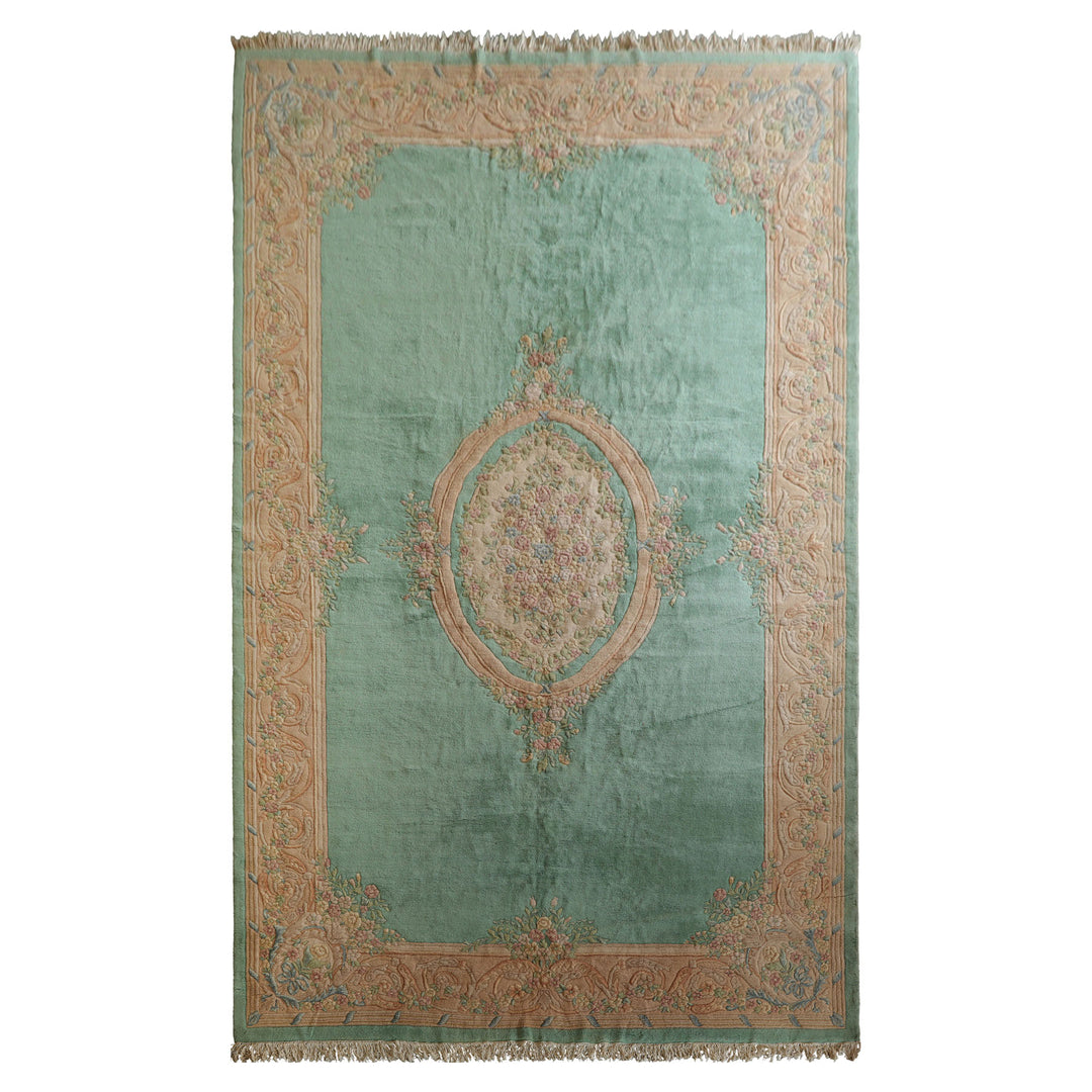 Oversize Sea Foam, Green, Light Peach Color Hand Knotted Aubusson Savonnerie Wool Traditional Oriental Rug
