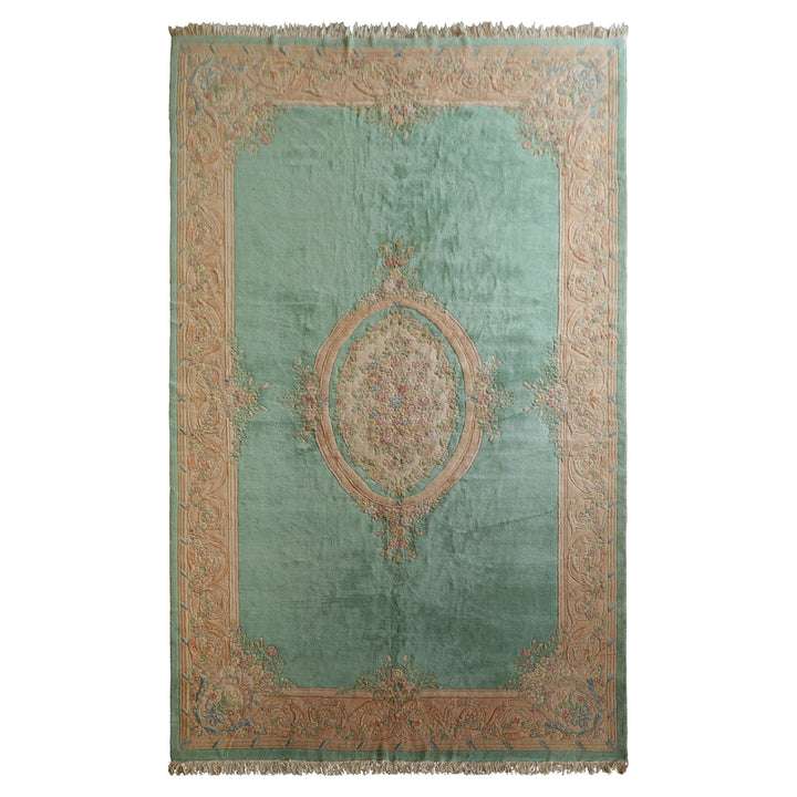 Oversize Sea Foam, Green, Light Peach Color Hand Knotted Aubusson Savonnerie Wool Traditional Oriental Rug