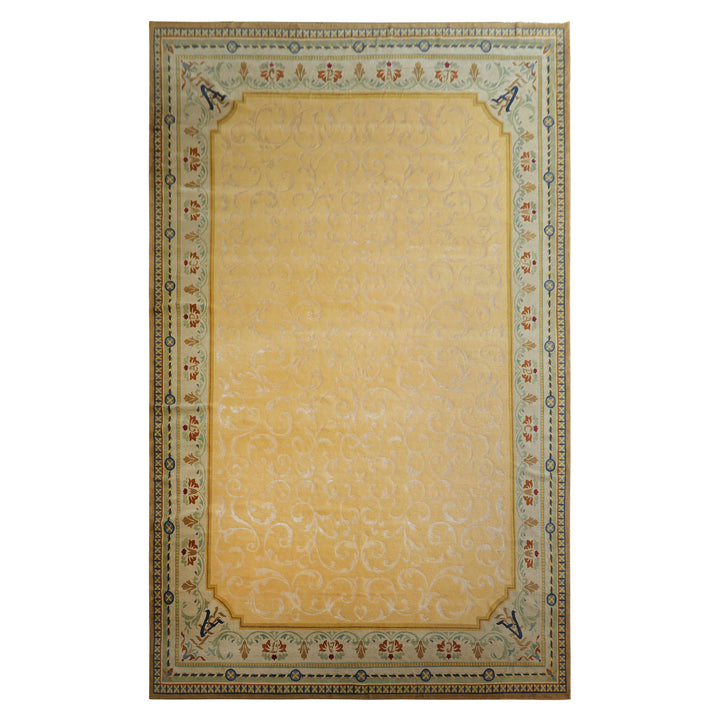 Oversize Light Gold, Mint, Navy Color Hand Knotted Tibetan? Wool and Silk Traditional Oriental Rug