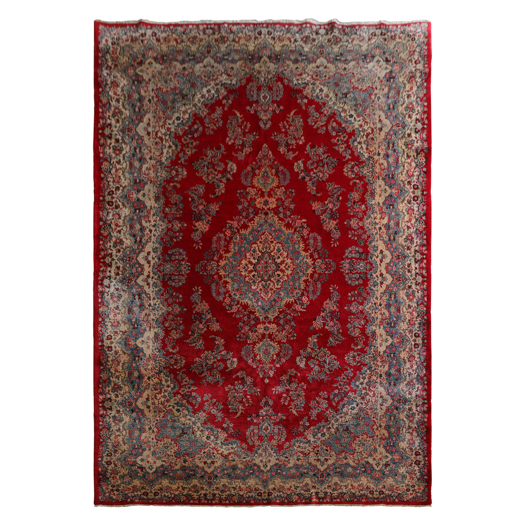 12x18 Red, Aqua, Ivory Color Hand Knotted Kerman Wool Traditional Oriental Rug