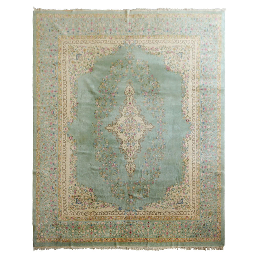 12x15 Sea Foam, Ivory, Brown Color Hand Knotted Kerman Silk Traditional Oriental Rug