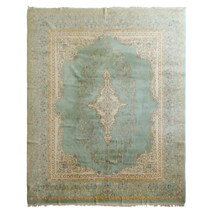 12x15 Sea Foam, Ivory, Brown Color Hand Knotted Kerman Silk Traditional Oriental Rug
