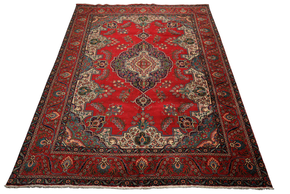9x12 Red, Ivory, Aqua Color Hand Knotted Tabriz Wool Traditional Oriental Rug