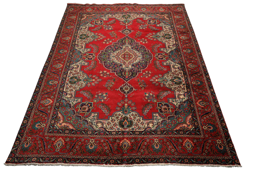 9x12 Red, Ivory, Aqua Color Hand Knotted Tabriz Wool Traditional Oriental Rug