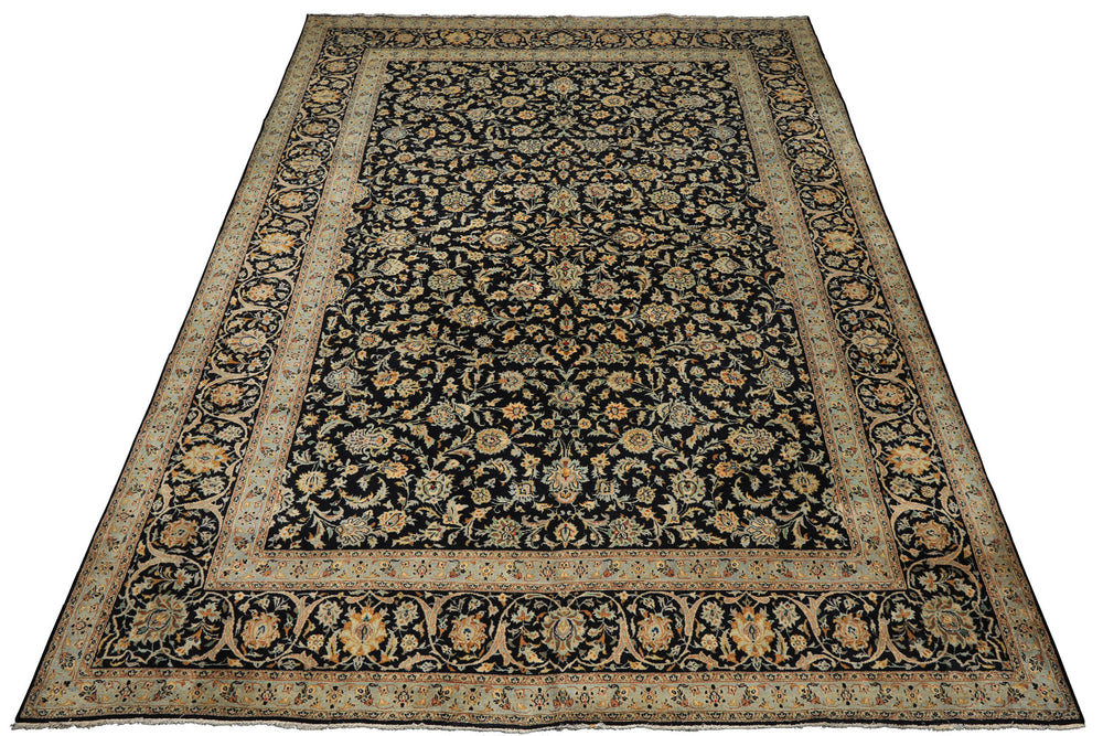 10x14 Black, Ivory, Mint Color Hand Knotted Kashan Wool Traditional Oriental Rug