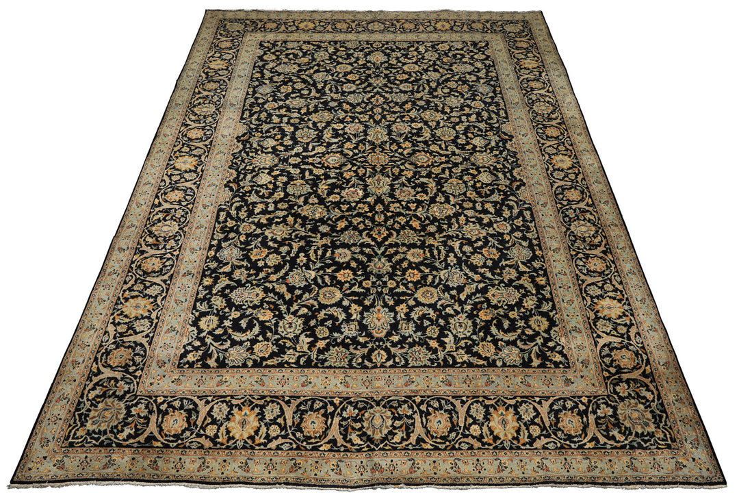 10x14 Black, Ivory, Mint Color Hand Knotted Kashan Wool Traditional Oriental Rug