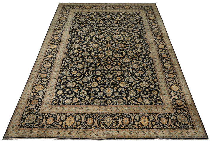 10x14 Black, Ivory, Mint Color Hand Knotted Kashan Wool Traditional Oriental Rug