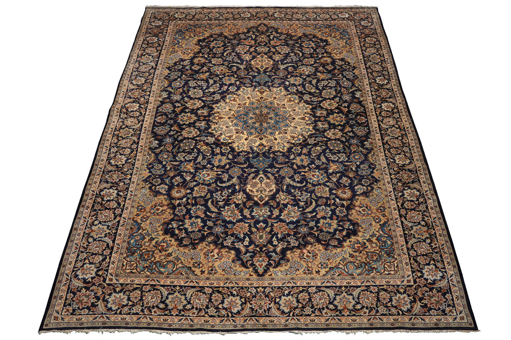 9x13 Navy, Ivory, Beige Color Hand Knotted Kashan Wool Traditional Oriental Rug