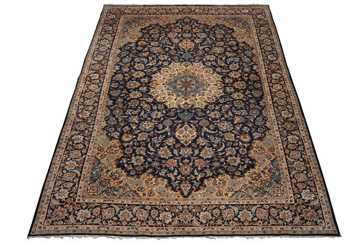 9x13 Navy, Ivory, Beige Color Hand Knotted Kashan Wool Traditional Oriental Rug