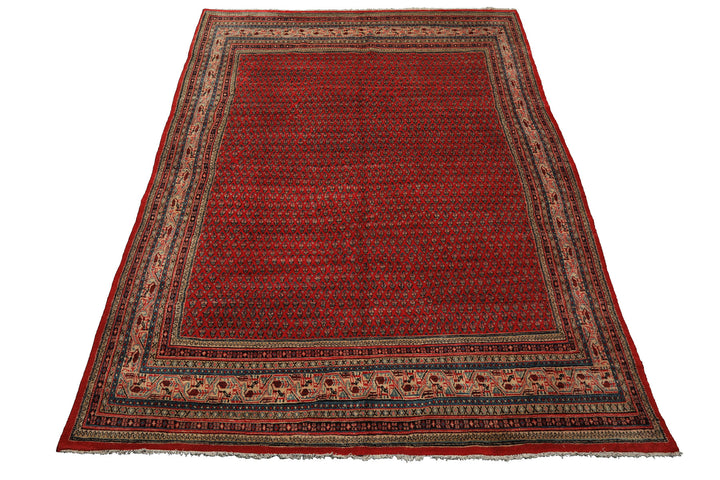 7x11 Tomato Red, Beige, Aqua Color Hand Knotted Persian Boteh Wool Traditional Oriental Rug