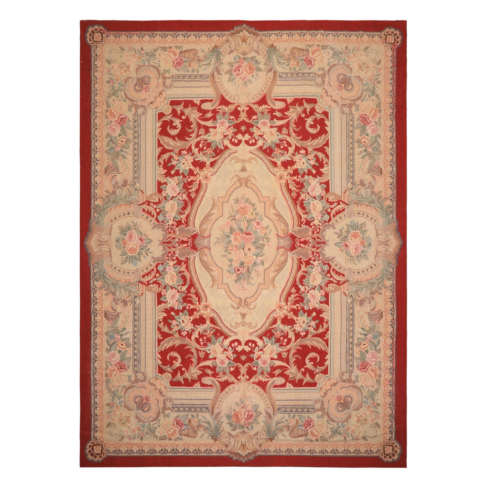 9x12 Red, Beige, Aqua Color Hand Woven French Aubusson Wool Traditional Oriental Rug