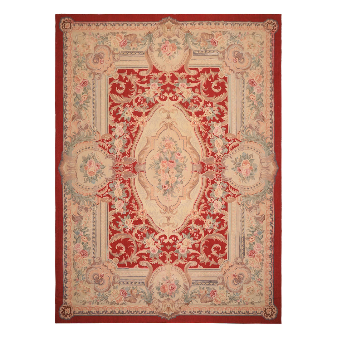 9x12 Red, Beige, Aqua Color Hand Woven French Aubusson Wool Traditional Oriental Rug