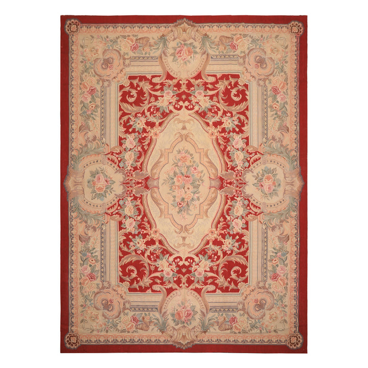 9x12 Red, Beige, Aqua Color Hand Woven French Aubusson Wool Traditional Oriental Rug