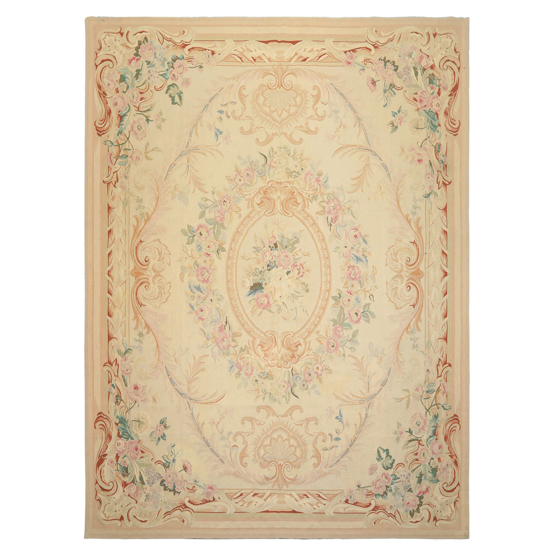 8x10 Ivory, Tan, Rose Color Hand Woven French Aubusson Wool Traditional Oriental Rug