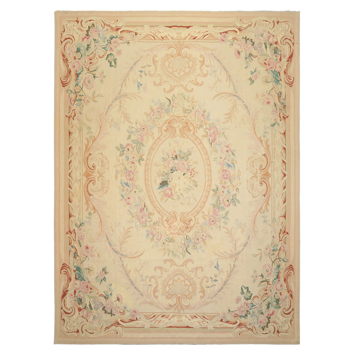 8x10 Ivory, Tan, Rose Color Hand Woven French Aubusson Wool Traditional Oriental Rug