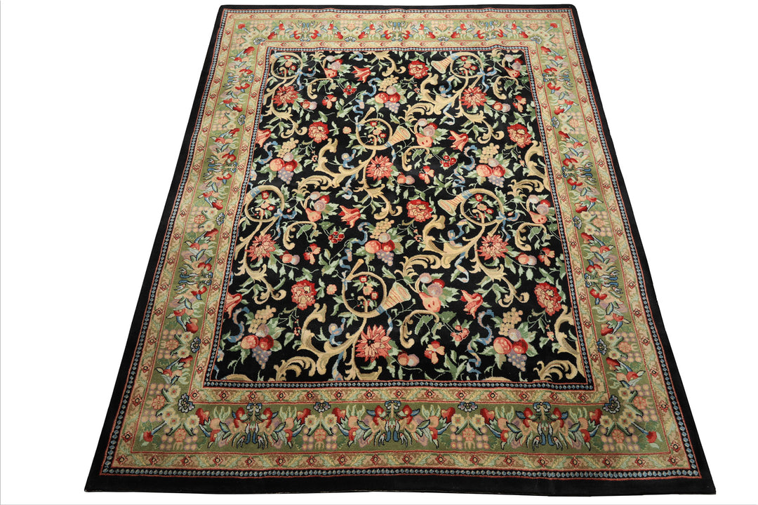 8x10 Black, Mint, Beige Color Hand Knotted French Aubusson Savonnerie Wool Traditional Oriental Rug