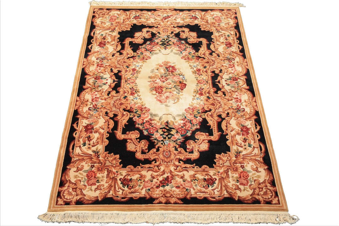 6x9 Ivory, Black, Brown Color Hand Knotted French Aubusson Savonnerie Wool Traditional Oriental Rug