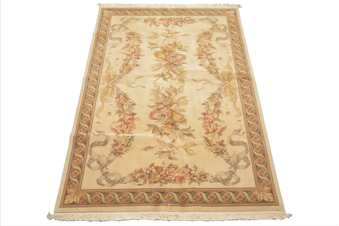 6x9 Ivory, Brown, Taupe Color Hand Knotted French Aubusson Savonnerie Wool & Silk Traditional Oriental Rug