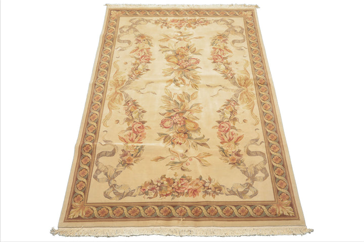 6x9 Ivory, Brown, Taupe Color Hand Knotted French Aubusson Savonnerie Wool & Silk Traditional Oriental Rug