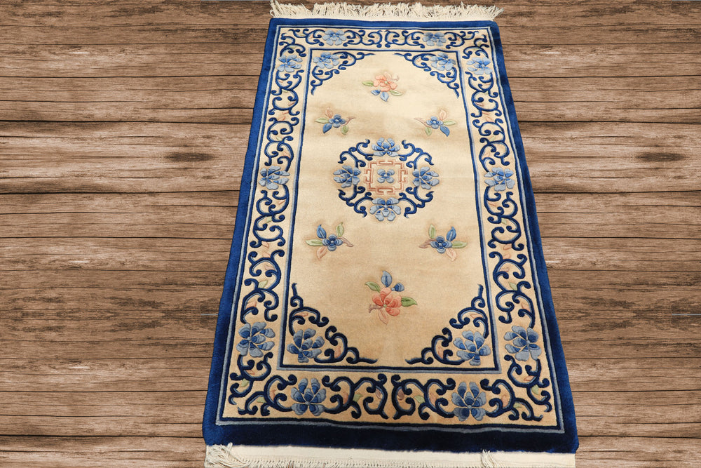 3x5 Beige, Navy, Blush Color Hand Knotted French Aubusson Savonnerie Wool Traditional Oriental Rug