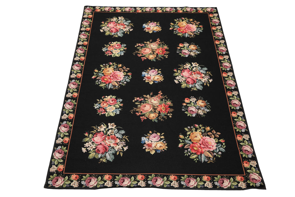 6x9 Black, Ivory, red Color Hand Woven French Aubusson Needlepoint Wool Traditional Oriental Rug