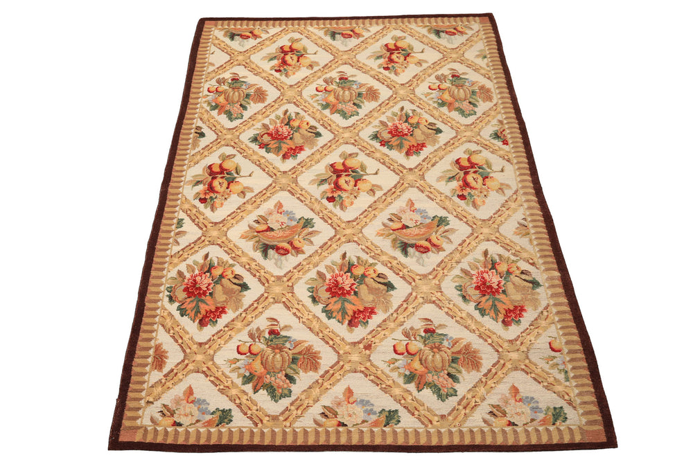 6x9 Ivory, Beige, Tan Color Hand Woven French Aubusson Savonnerie Wool Traditional Oriental Rug