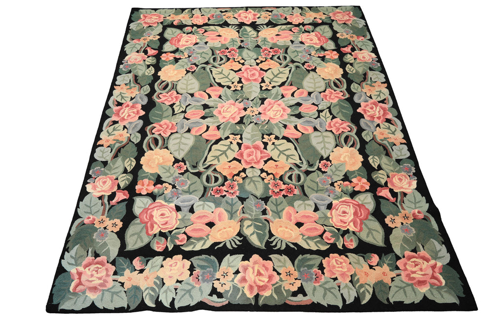 8x11 Black, Celadon, Pink Color Hand Woven Hand Hooked Wool Traditional Oriental Rug