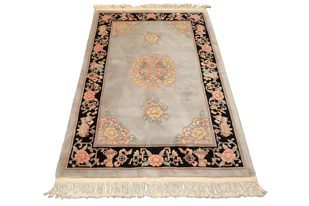 4x6 Gray, Black, Taupe Color Hand Knotted French Aubusson Savonnerie Wool Traditional Oriental Rug