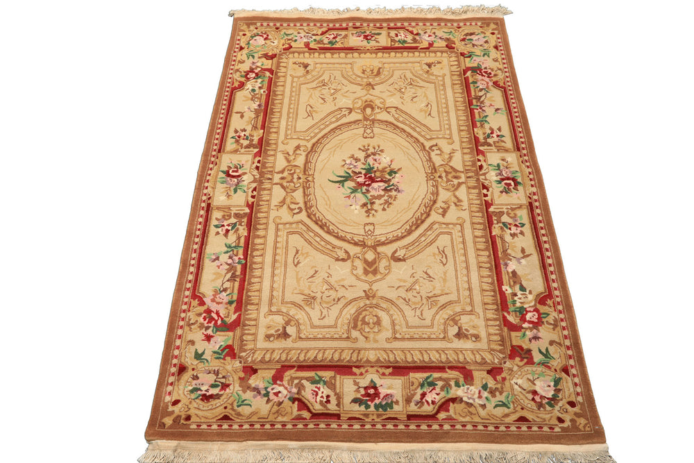 4x6 Beige, Brown, Rose Color Hand Knotted French Aubusson Savonnerie Wool Traditional Oriental Rug