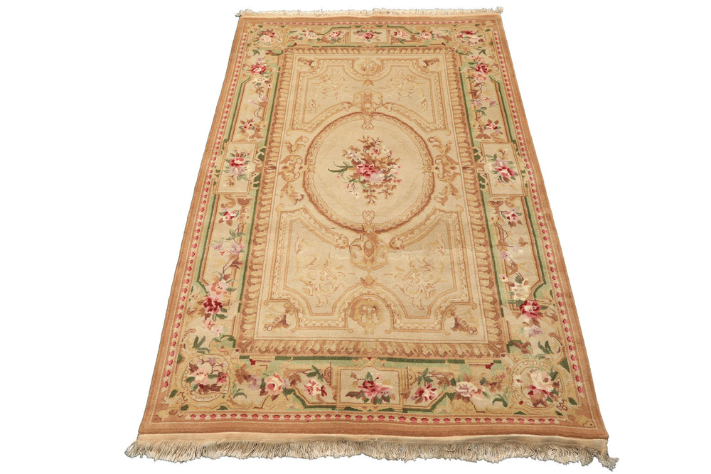 4x6 Beige, Tan, Brown Color Hand Knotted French Aubusson Savonnerie Wool Traditional Oriental Rug