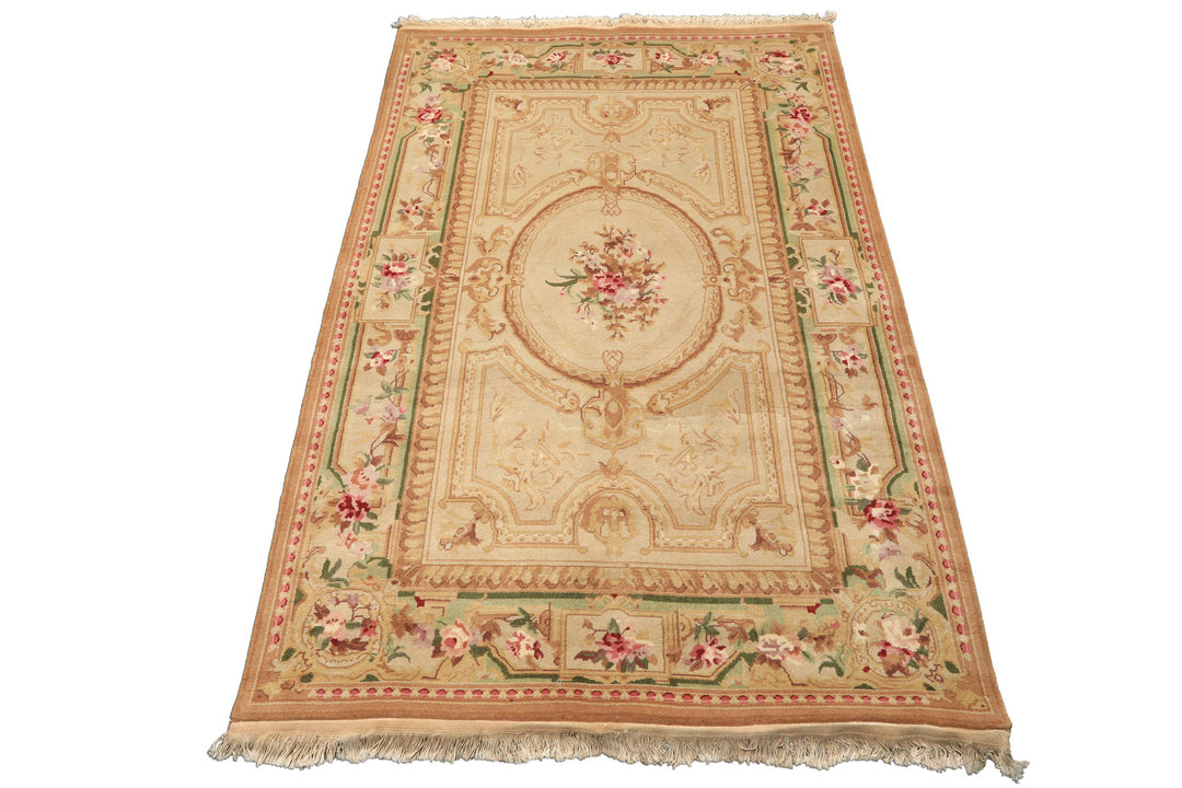 4x6 Beige, Tan, Brown Color Hand Knotted French Aubusson Savonnerie Wool Traditional Oriental Rug