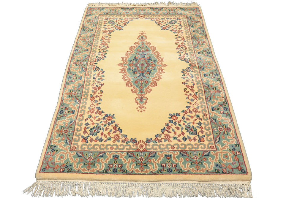 4x6 Ivory, Turquoise, Blush Color Hand Knotted Indo Kerman New Zealand Wool Traditional Oriental Rug