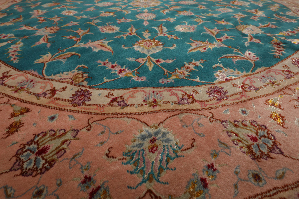 Round Turquoise, Rose, Beige Color Hand Knotted Tabriz Round Wool & Silk Traditional Oriental Rug