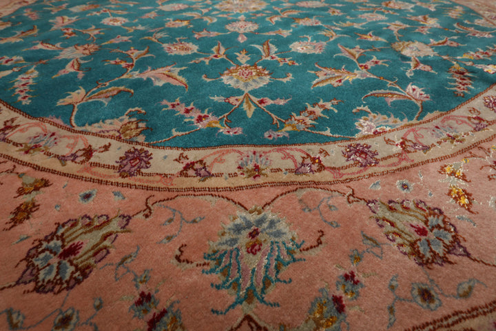 Round Turquoise, Rose, Beige Color Hand Knotted Tabriz Round Wool & Silk Traditional Oriental Rug