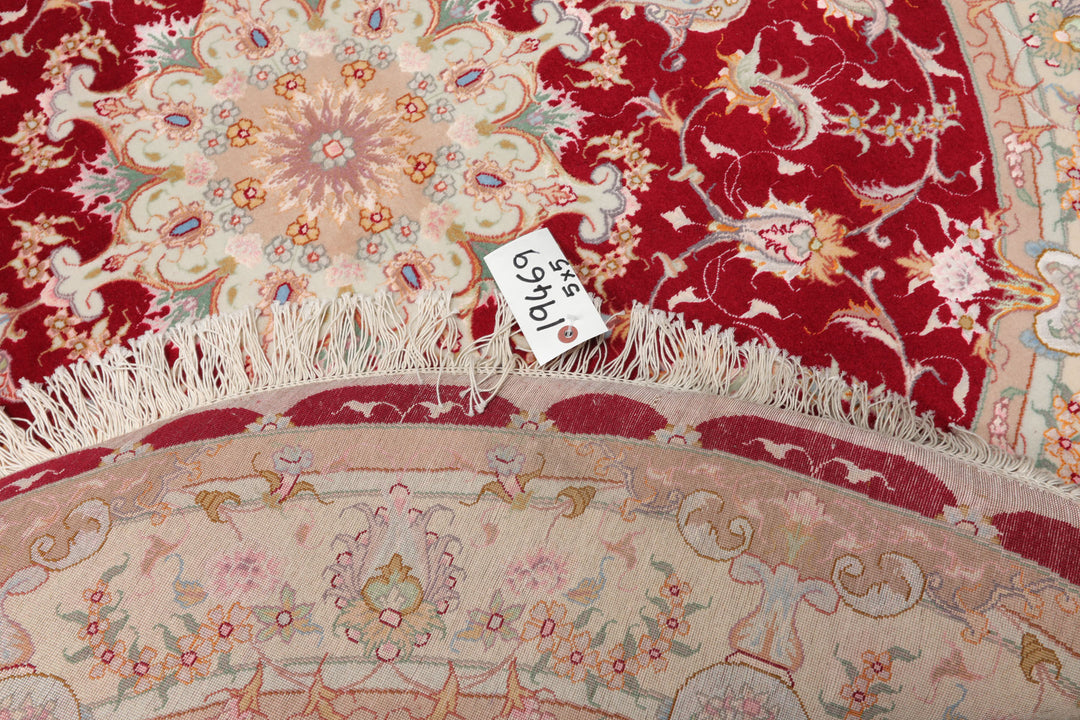 Round Red, Ivory, Peach Color Hand Knotted Tabriz Round Wool & Silk Traditional Oriental Rug