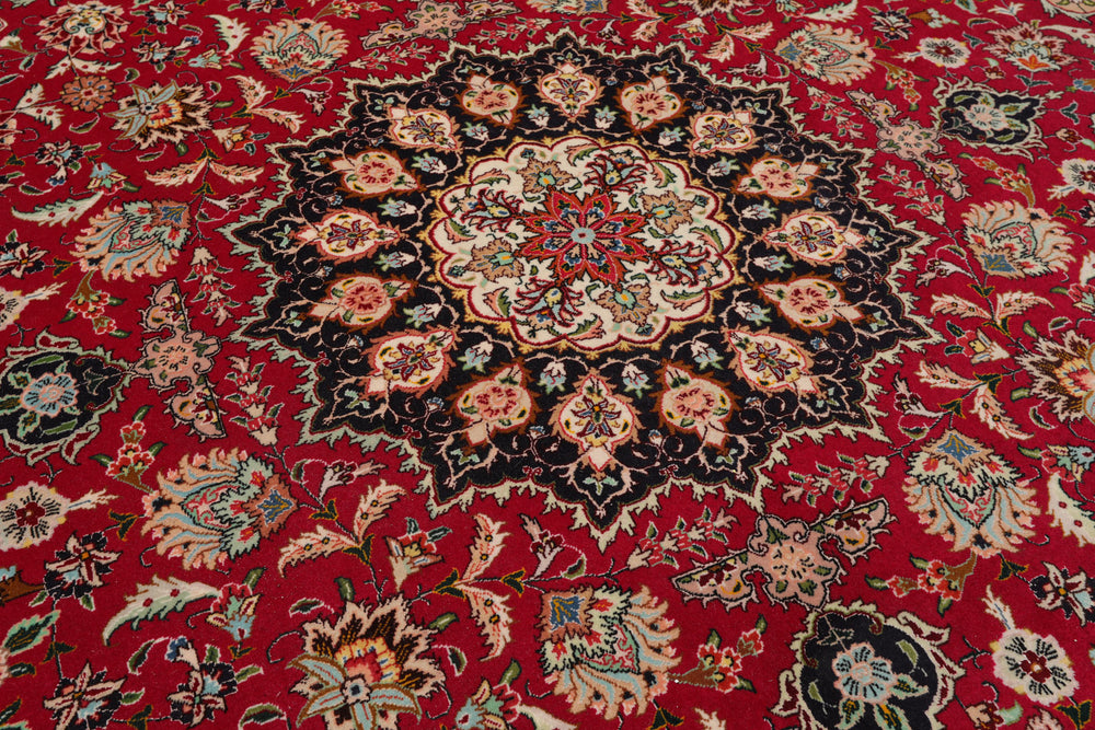 Round Fuschia, Midnight Blue, Ivory Color Hand Knotted Tabriz Round Wool & Silk Traditional Oriental Rug