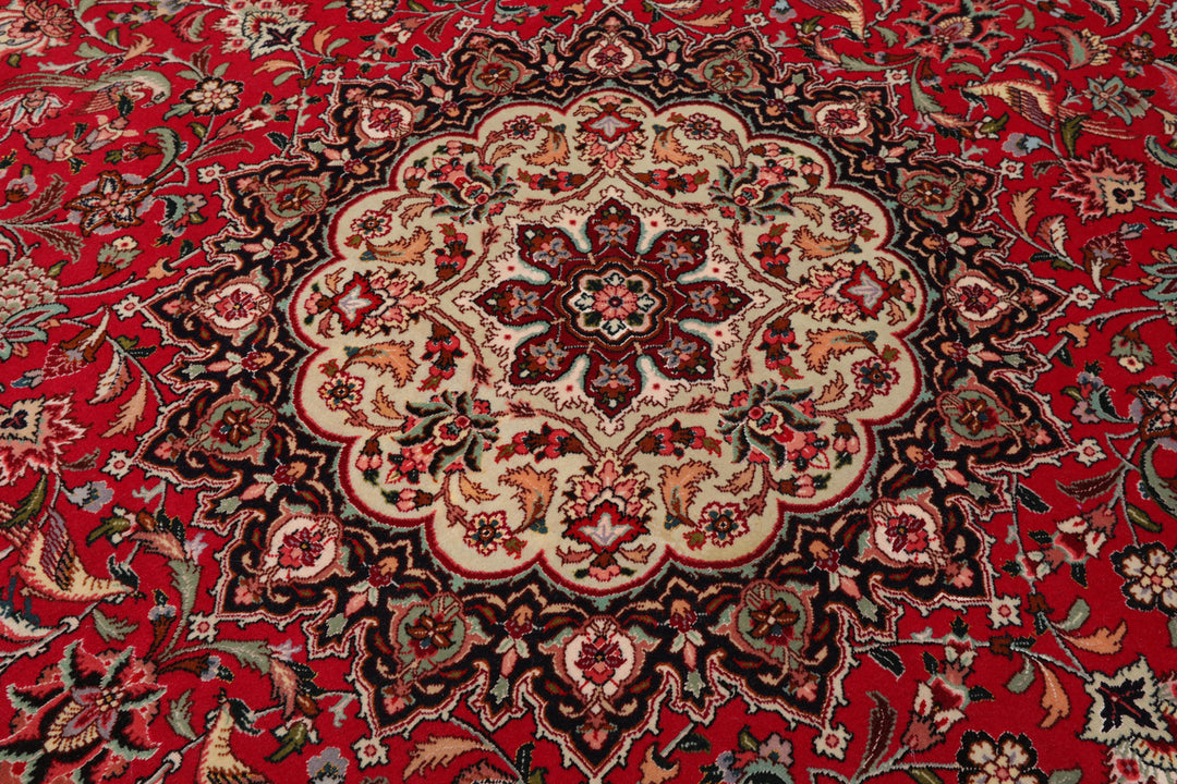 Round Red, Black, Ivory Color Hand Knotted Tabriz Round Wool & Silk Traditional Oriental Rug