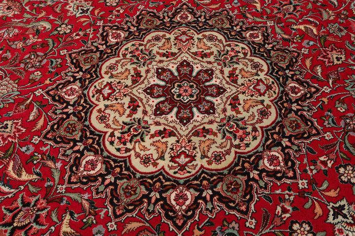 Round Red, Black, Ivory Color Hand Knotted Tabriz Round Wool & Silk Traditional Oriental Rug