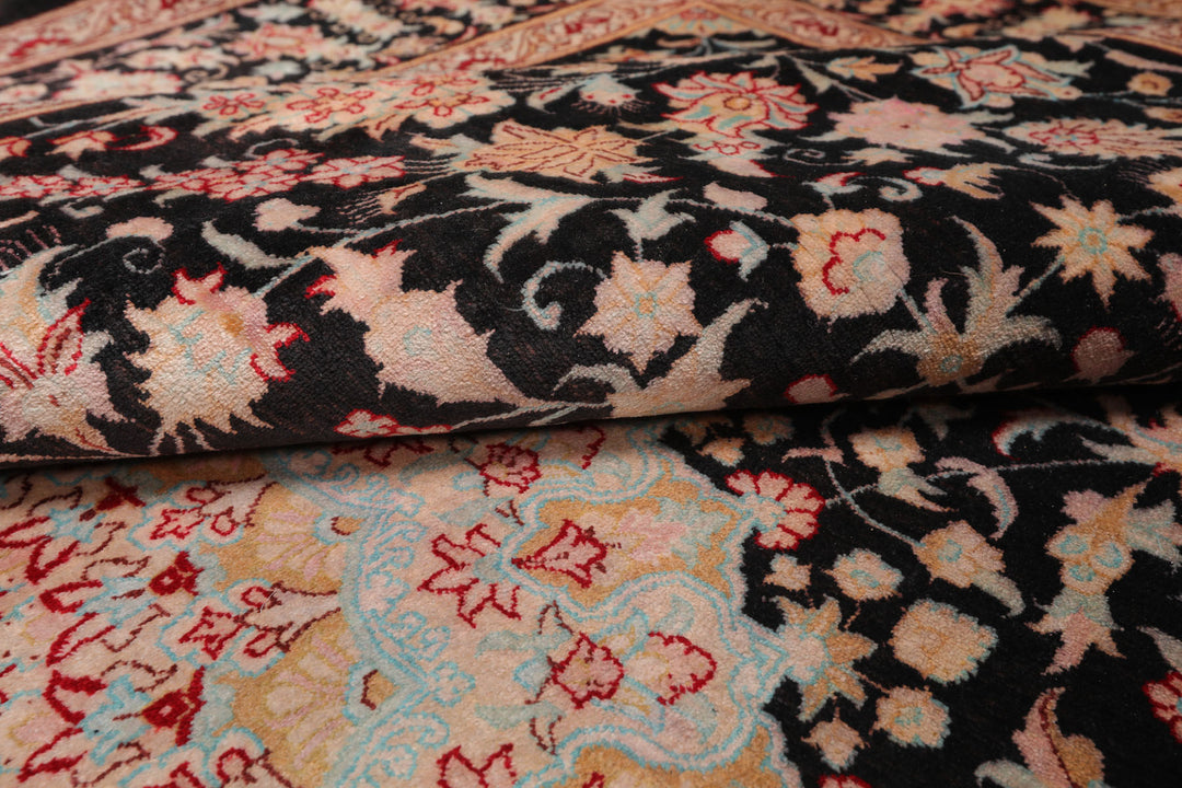 4x6 Charcoal, Peach, Aqua Color Hand Knotted Qum All Silk Silk Traditional Oriental Rug