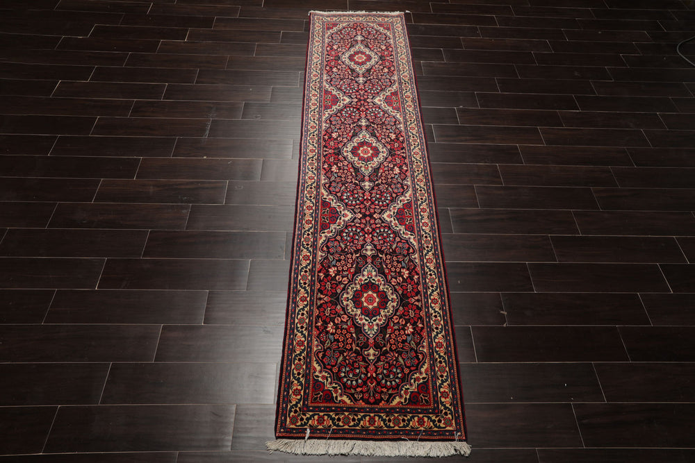 Runner Navy, Ivory, Red Color Hand Knotted Jozan Sarouk Wool Traditional Oriental Rug